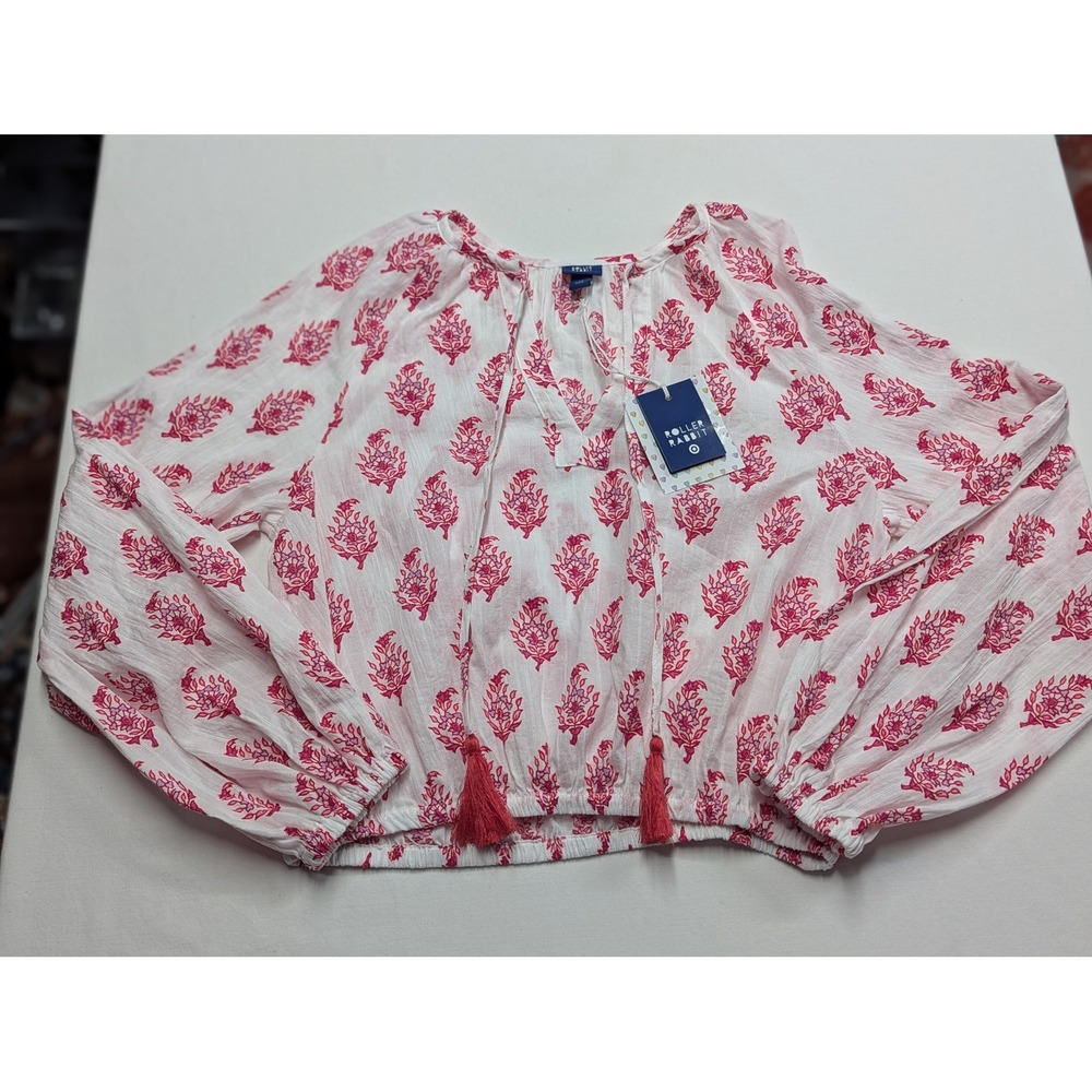 Roller Rabbit x Target Womens Pink Floral Block Print Peasant Top XS NEW